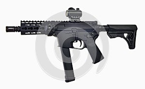 AR9 SBR with 33rd mag and colapsed stock, 5.5` barrel and optics