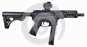 AR9 SBR with 33rd mag and colapsed stock, 5.5` barrel and optics