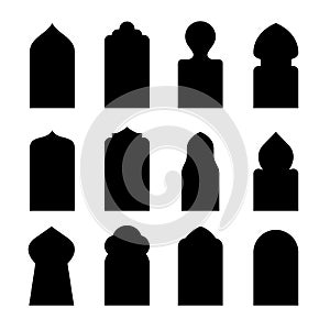 Arab arch door shape set. Islam window gate, arabesque arabian vector icon silhouette
