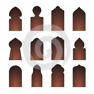 Arab arch door shape set. Islam window gate, arabesque arabian vector icon silhouette