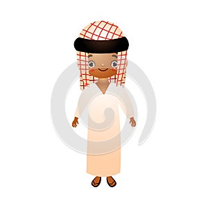 Arab boy sheikh in traditional ethnic white wearing with kefia. Vector illustration in flat cartoon style