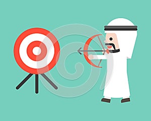 Arab business man drawing bow to shooting target, flat design bu