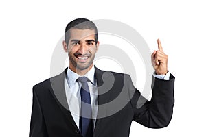 Arab business man promoter introducing and pointing a blank product photo