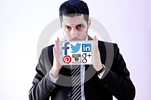 social media network websites logos , arab businessman