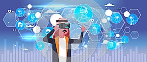 Arab Business Man Wearing 3d Glasses Virtual Reality Headset Over World Map Background
