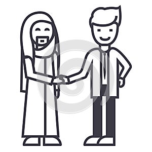 Arab business,partnership,businessmen handshake vector line icon, sign, illustration on background, editable strokes