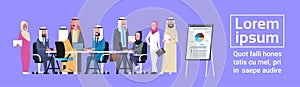 Arab Business People Group Meeting Presentation Flip Chart With Finance Data, Muslim Businesspeople Team Training