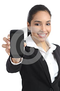 Arab business woman showing a blank smartphone screen application