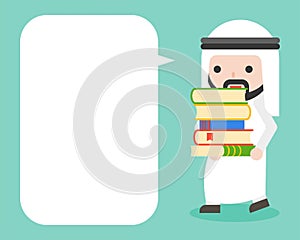 Arab Businessman carrying stack of books and blank speech bubble