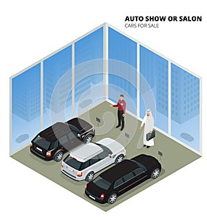 Arab businessman chooses Luxury car. Flat 3d vector isometric illustration. Cars for sale. Auto business, car sale and