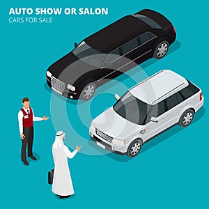 Arab businessman chooses Luxury car. Flat 3d vector isometric illustration. Cars for sale. Auto business, car sale and