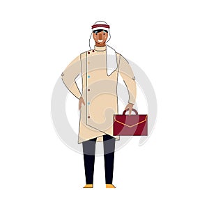 Arab businessman holding business suitcase - cartoon man in Muslim clothes
