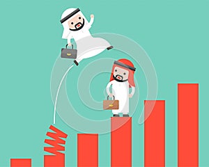 Arab Businessman jumping from spring chart, shortcut key to success competitive concept