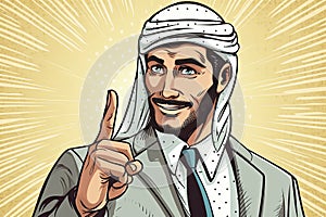 Arab businessman OK gesture, comic book bubble. Pop art retro