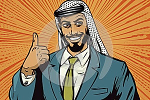 Arab businessman OK gesture, comic book bubble. Pop art retro