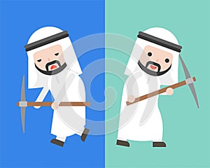 Arab Businessman with pick axe in two mode, full of energy and b