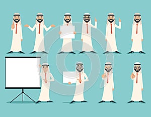 Arab Businessman Retro Vintage Successful Working Poses Gesture Sign Poster Set Traditional National Muslim Clothes