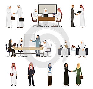 Arab businessman vector arabian business people handshaking to his business partner illustration set of arabic