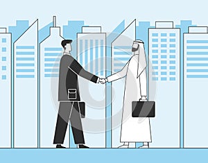 Arab businessmen, business handshake. Muslim investors on the background of city skyscrapers. Flat  illustration