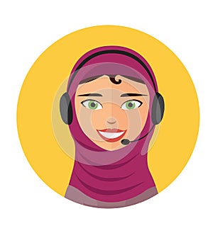 Arab call center operator with headset icon web design communication customer support phone assistance vector illustration