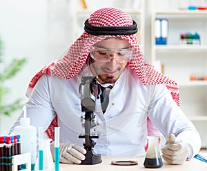 Arab chemist scientist testing quality of oil petrol