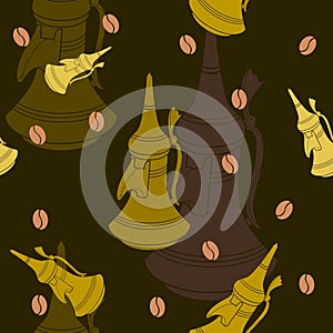 Arab Coffee Pot and Beans Vector Illustration Dark Background Seamless Pattern