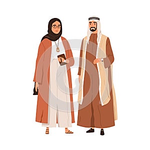 Arab couple in hijab and keffiyeh, male headwear. Muslim man and woman in traditional and modern clothes. Happy Arabian