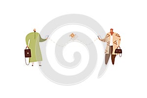 Arab couple in modern casual clothes and headdress. Portrait of Muslim man in thobe and woman in hijab and pants. Vector