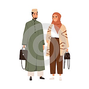 Arab couple in modern casual clothes and headwears. Portrait of Muslim man in thobe and woman in hijab and pants. People photo