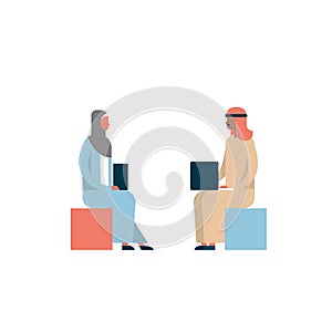 Arab couple sitting using laptop business meeting interview concept man woman cartoon character silhouette full length