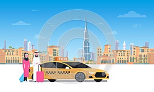 Arab Couple Sitting In Yellow Taxi Car Over Dubai City Background