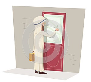 Arab Customer Oriented Business Concept Businessman with Briefcase Knocking at Customer Door Wall Background Cartoon