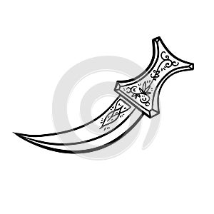 Arab dagger with curved blade. Omani culture and weapons. Yemeni knife with ornament.