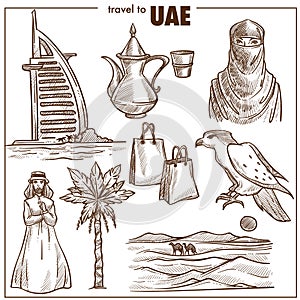 Arab Emirates travel sketch vector landmarks