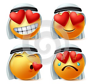 Arab emoticon of heart and love vector emoji set. Saudi arabian emoticon cute face in in love, broken, hurt and loved expression.
