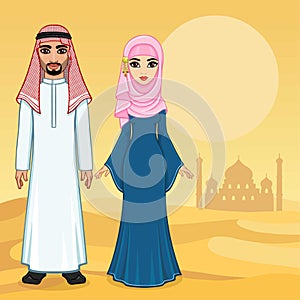 Arab fairy tale. Animation portrait of the beautiful Arabic family in ancient clothes.