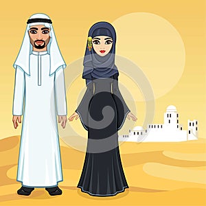 Arab fairy tale. Animation portrait of the beautiful Arabic family in ancient clothes.