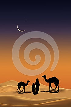Arab family with camels caravan riding in realistic desert sands.Vertical Caravan Muslim ride camel on desert with sand dunes,