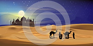 Arab family with camels walking in desert sand,Landscape Caravan Muslim ride camel at night with full moon,shining stars and comet