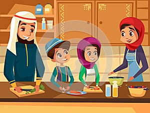 Arab family cooking together at kitchen cartoon flat illustration of Muslim people preparing meals in Arabian clothes