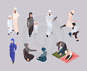 Arab family. Isometric east people in hijab traditional muslim clothes garish vector persons