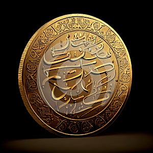 Arab gold coin. Gold dinar with inscription. Generative AI.