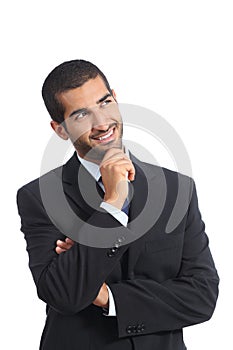 Arab happy business man thinking while looking at side