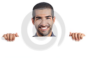 Arab happy man holding a blank banner