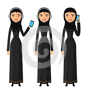 Arab happy woman talking on the mobile phone vector flat isolated on white