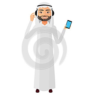 Arab iran operator man in headset customer service helpdesk service. Call center concept flat cartoon vector illustration