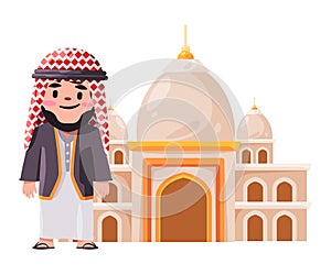 Arab Islam people wearing head cover kaffiyeh pose standing in front of mosque building drawing illustration photo
