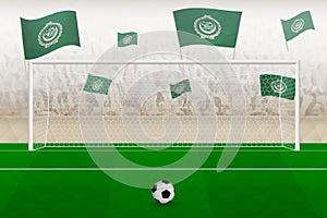 Arab League football team fans with flags of Arab League cheering on stadium, penalty kick concept in a soccer match