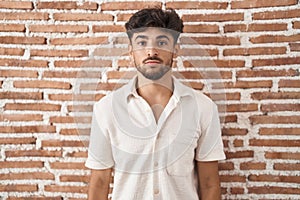 Arab man with beard standing over bricks wall background relaxed with serious expression on face