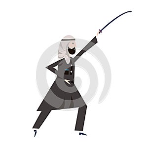 Arab man in black national dress holding a sword over head. Vector illustration.